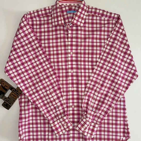 J. McLaughlin Men’s Classic Fit Long Sleeve Pink Plaid Shirt - Picture 1 of 10